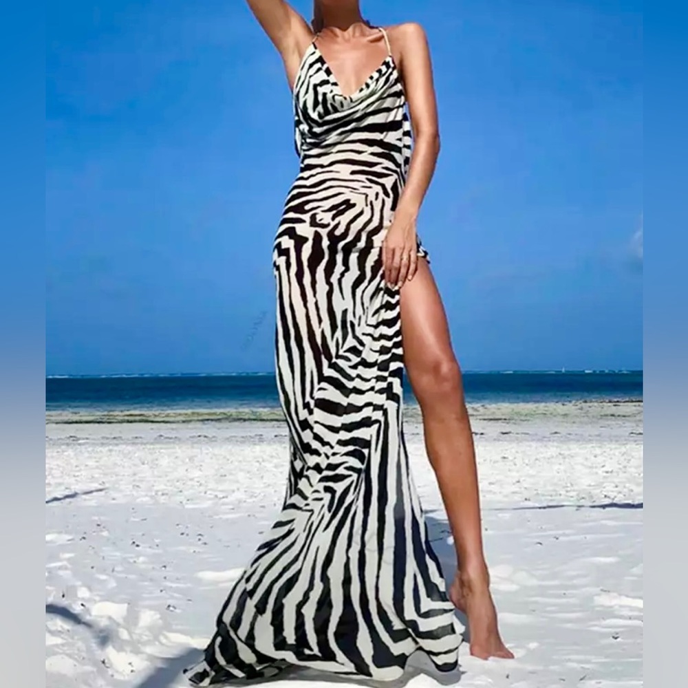 Zebra Print Spaghetti Strap Side Split Plunging Open Back Loose Fit Maxi Dress - Picture 6 of 14